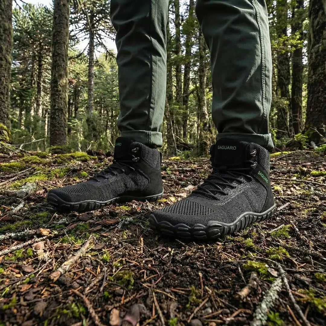 Mujer usando botas de trekking barefoot Saguaro Vitality V negras, calzado respetuoso y técnico para exploradoras.