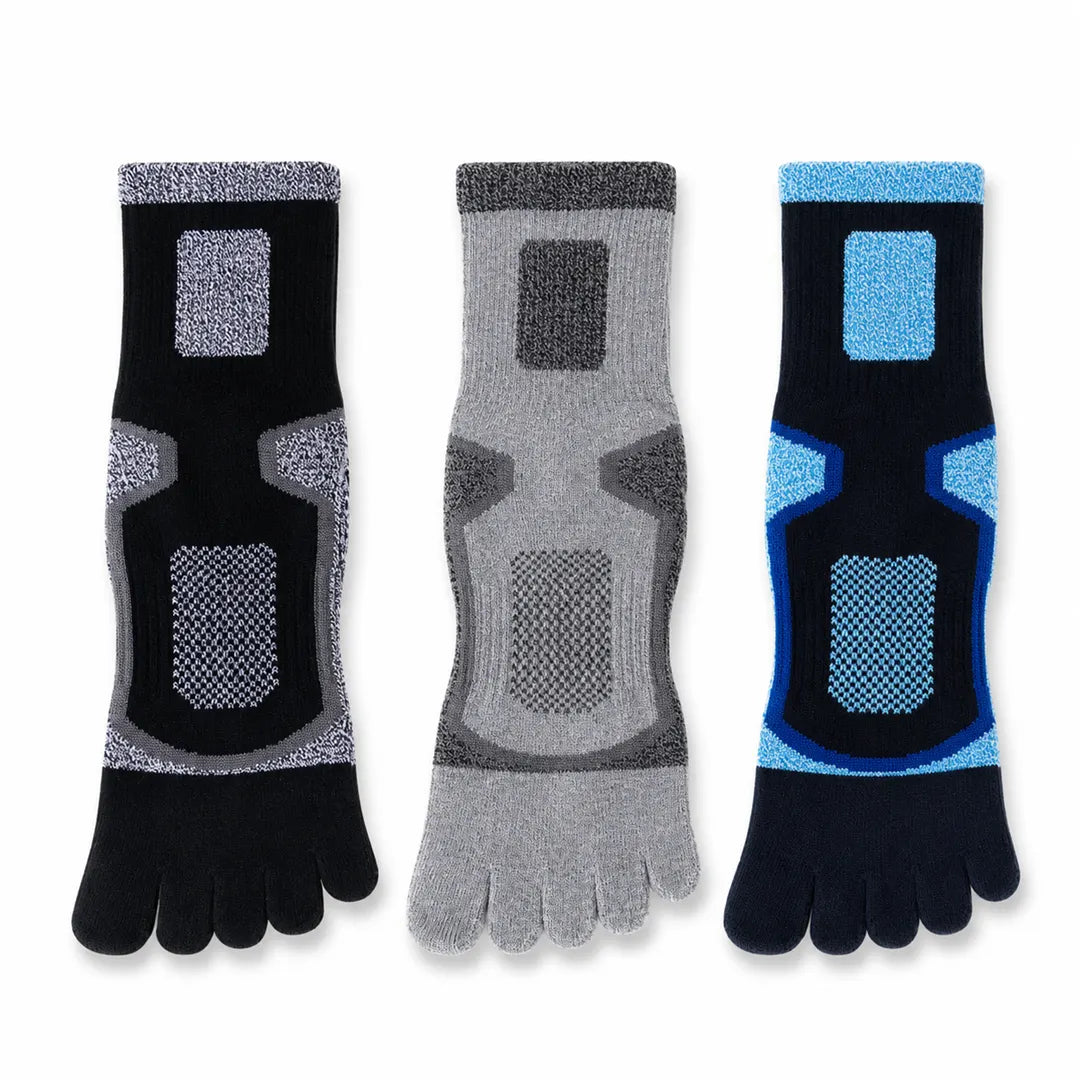 Pack de calcetines pilates dedos e invisibles largos Sowilo en colores gris, azul y negro para uso deportivo y cuidado de la pisada.