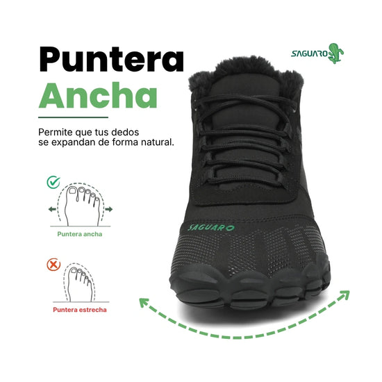 Bota Saguaro Will I negra vista frontal destacando puntera ancha barefoot.