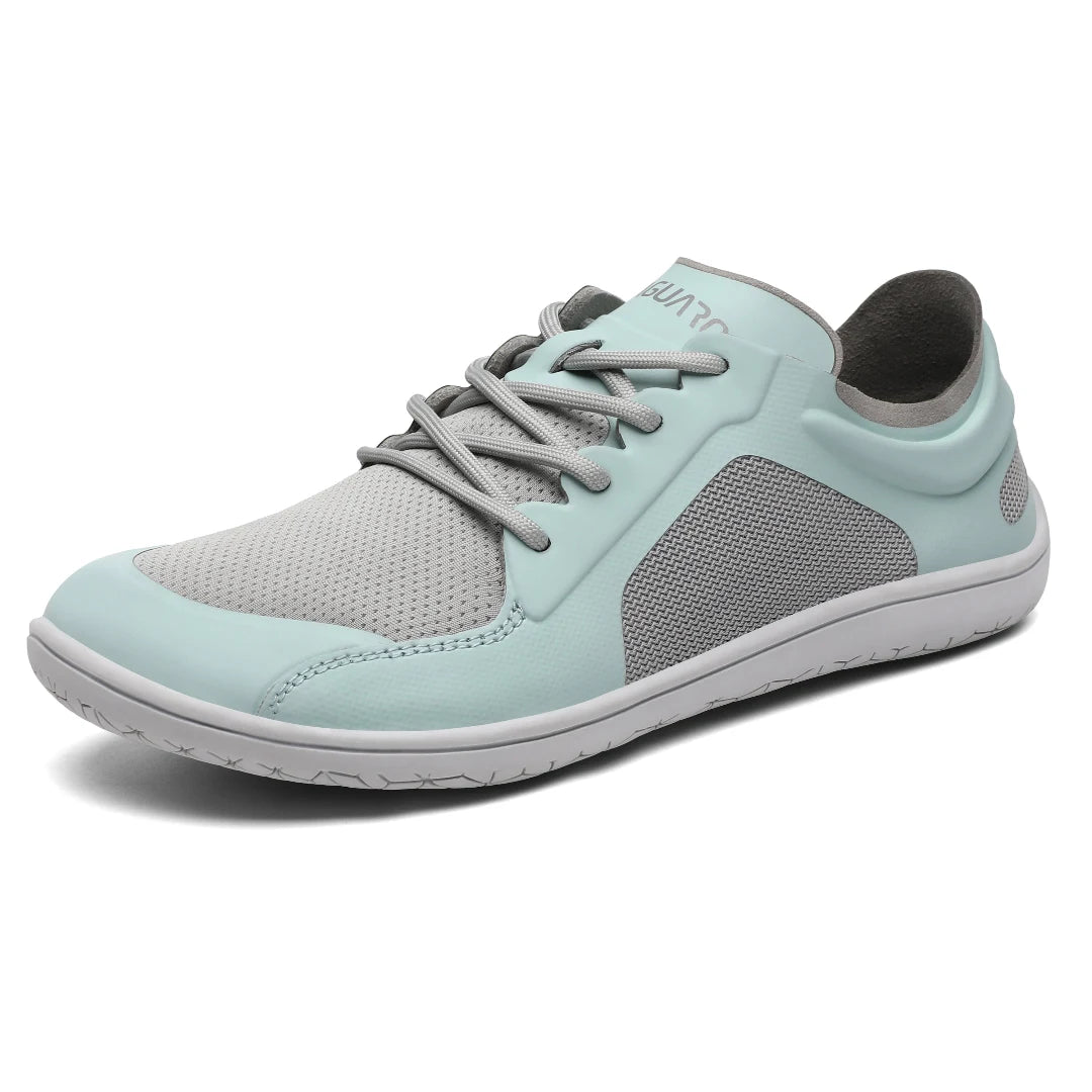 Zapatilla minimalista Wish II menta, tejido gris, puntera ancha y zero drop.