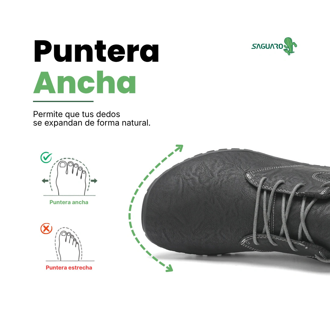Vista superior de zapatillas ergonómicas Saguaro Noble IV negras, espacio anatómico ideal para pies con empeine alto.