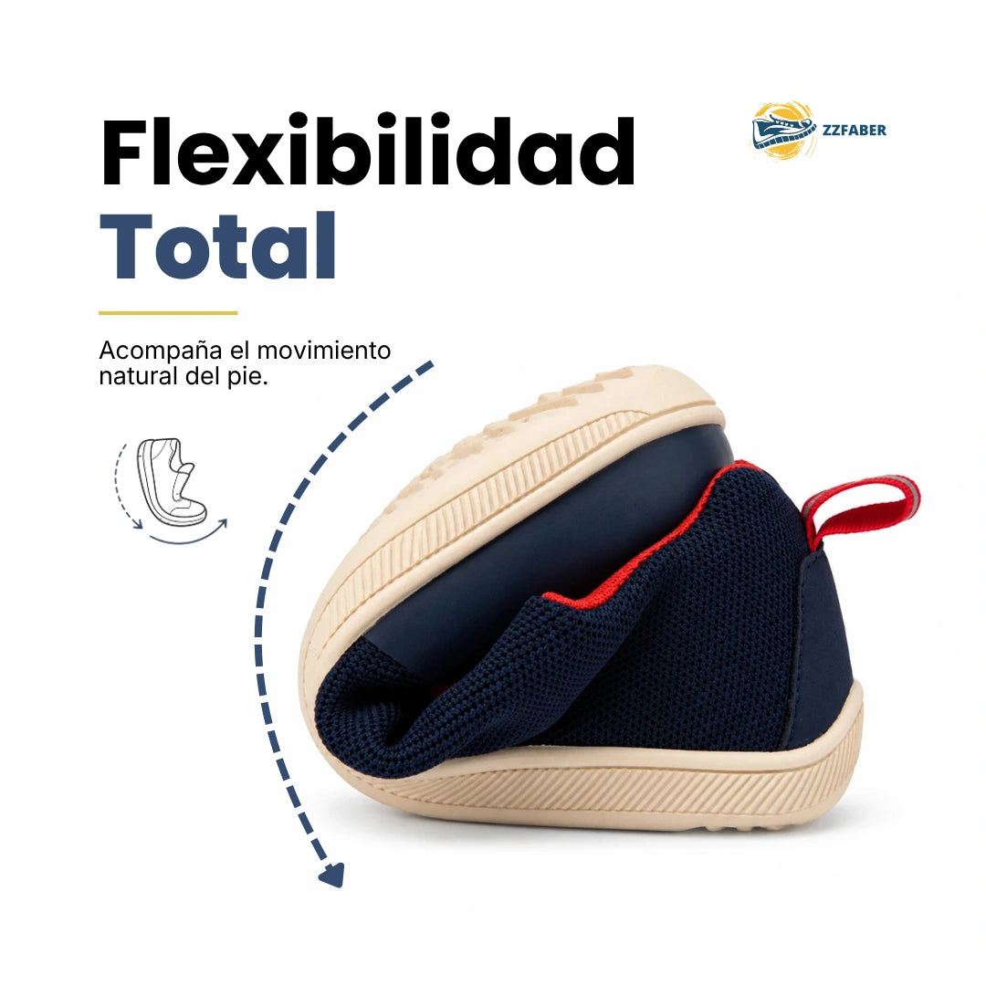 Zapatos bebé ergonómicos con capacidad de flexión 360° para mayor agilidad infantil.