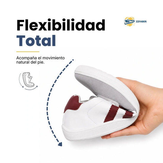 Zapatos ergonómicos color blanco y vino tinto ZZFABER Niza 2.0, calzado barefoot elástico de suela plana y puntera ancha para evitar juanetes en Chile.